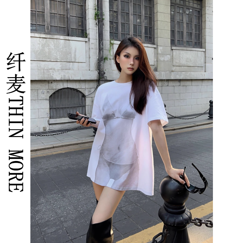 纖麥THIN MORE透視效果寬鬆短袖t恤女街頭oversize下半身失蹤上衣