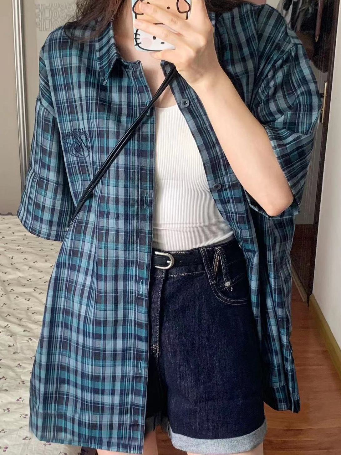 夏季新款刺繡青綠色格子襯衫短袖女寬鬆休閒襯衣外穿百搭顯瘦上衣