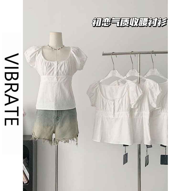 VIBRATE韓版泡泡袖夏季新款溫柔風氣質掛初戀襯衫上衣女小個子ins