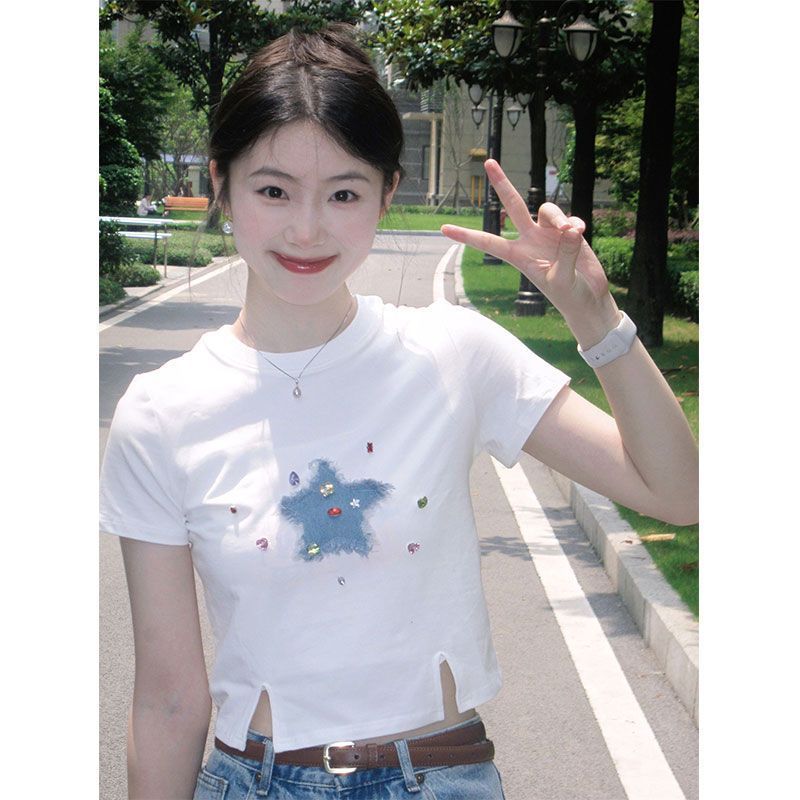 纤麦THIN MORE新款韩版星星印花短款上衣女修身显瘦别致短袖T恤夏