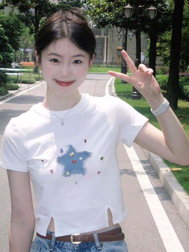 纤麦THIN MORE新款韩版星星印花短款上衣女修身显瘦别致短袖T恤夏