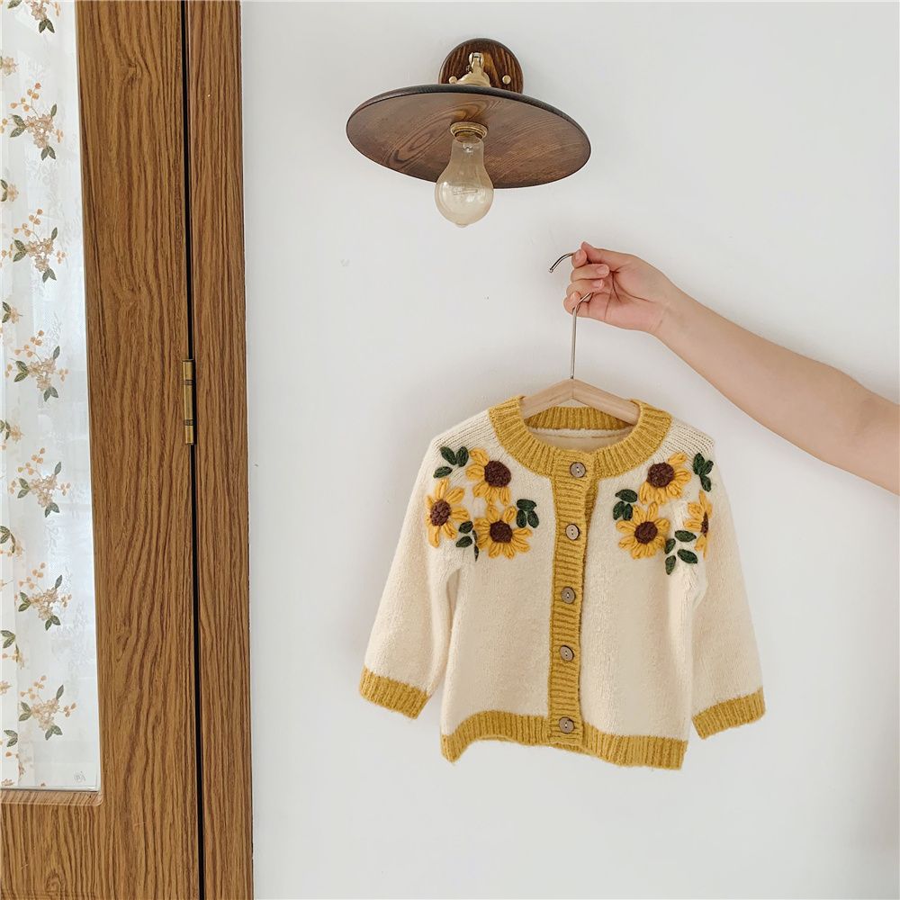 儿童花朵毛衣开衫2023韩国系女童春秋款向日葵针织外套宝宝洋气衣