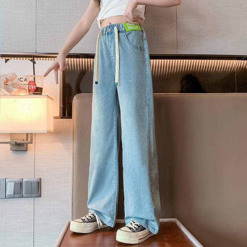 女童褲子夏裝炸街防蚊褲兒童大童冰絲牛仔薄款冰絲夏季直筒闊腿褲