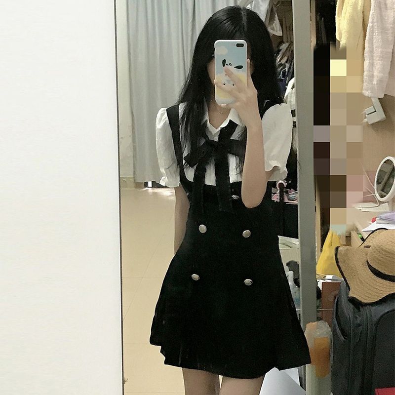 甜純富家千金學院風polo領連衣裙女夏季收腰顯瘦假兩件a字裙短裙