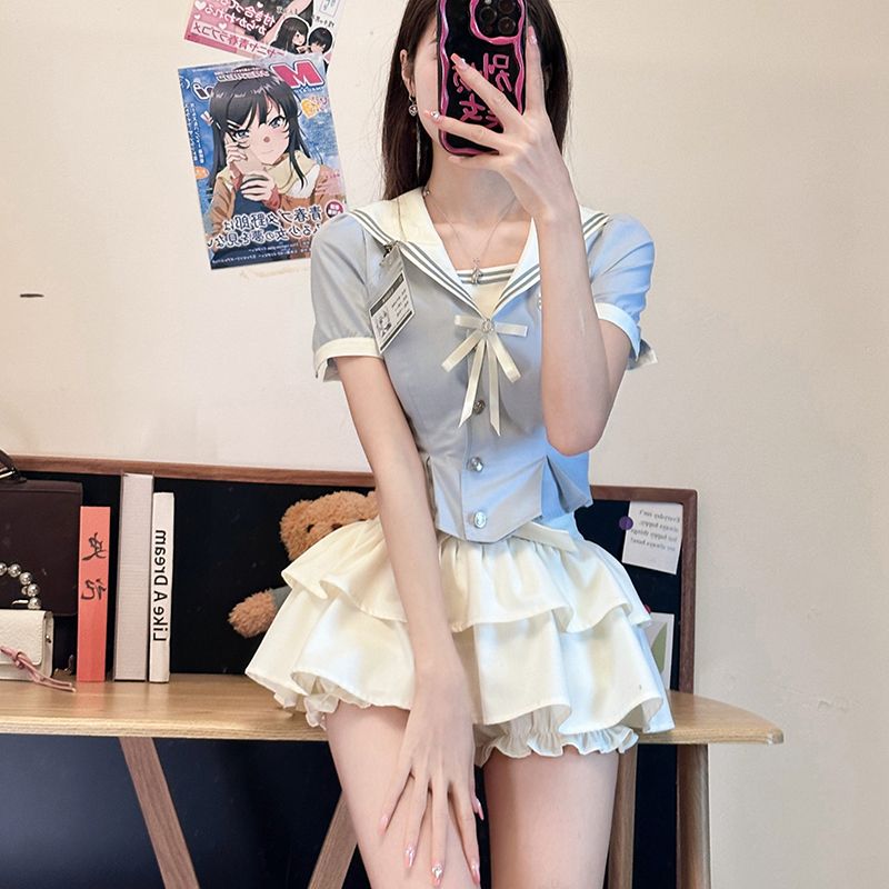 兩件套裝2023夏季新款甜心少女辣妹海軍領收腰顯瘦水手領+半身裙