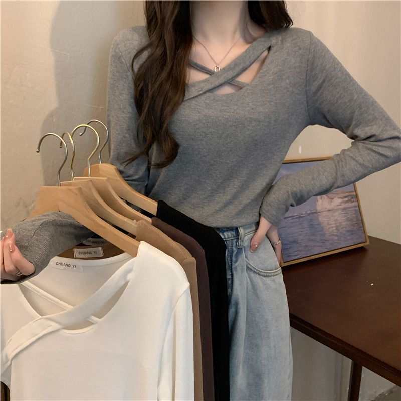 Temperament outerwear bottoming shirt looks thin and slightly fat mm spring and autumn tops women's inner collarbone t-shirt top clothes