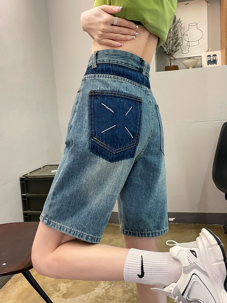 復古五分牛仔短褲女夏高腰寬鬆撞色a字大碼胖MM闊腿直筒中褲ins潮