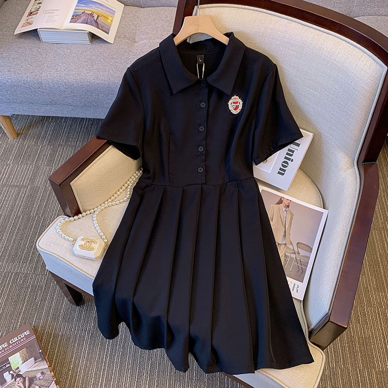 Black pleated fat mm large size dress women's summer new fashion slim waist Hepburn style polo collar skirt