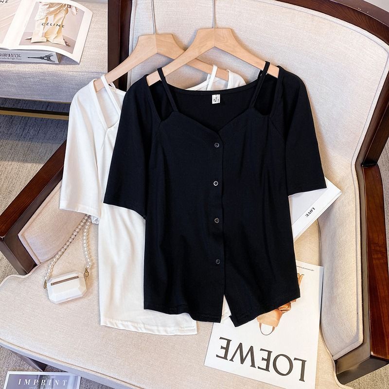 Western-style empty half-sleeved top dopamine wear plus size women's summer fat sister looks thin shoulder short-sleeved T-shirt