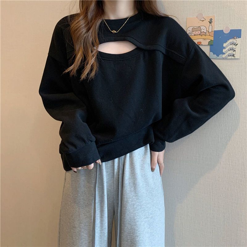 Hollow sweet and spicy style small friendly sexy top hot girl sweater girls spring and autumn models slightly fat and thin T-shirt