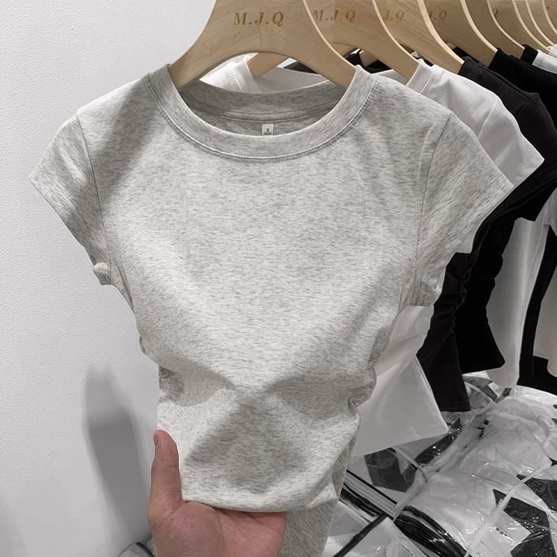 European and American solid color front shoulder t-shirt short sleeve summer slimming design sense niche short card waist all-match waist gray top