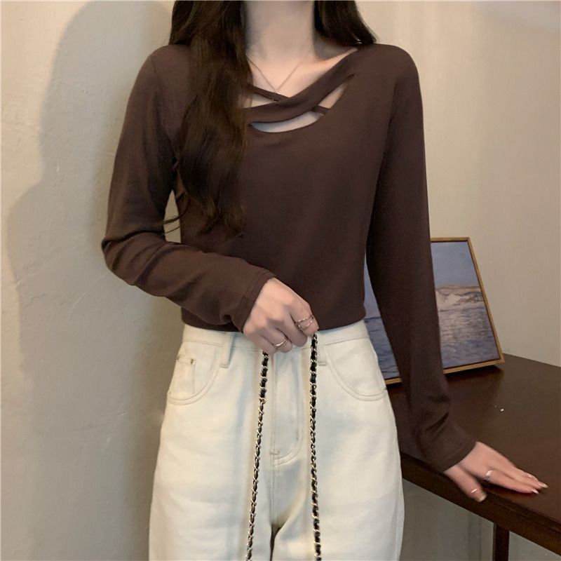 American western style ins hollow stitching t-shirt women's irregular bottoming shirt loose large size slightly fat mm spring and autumn top