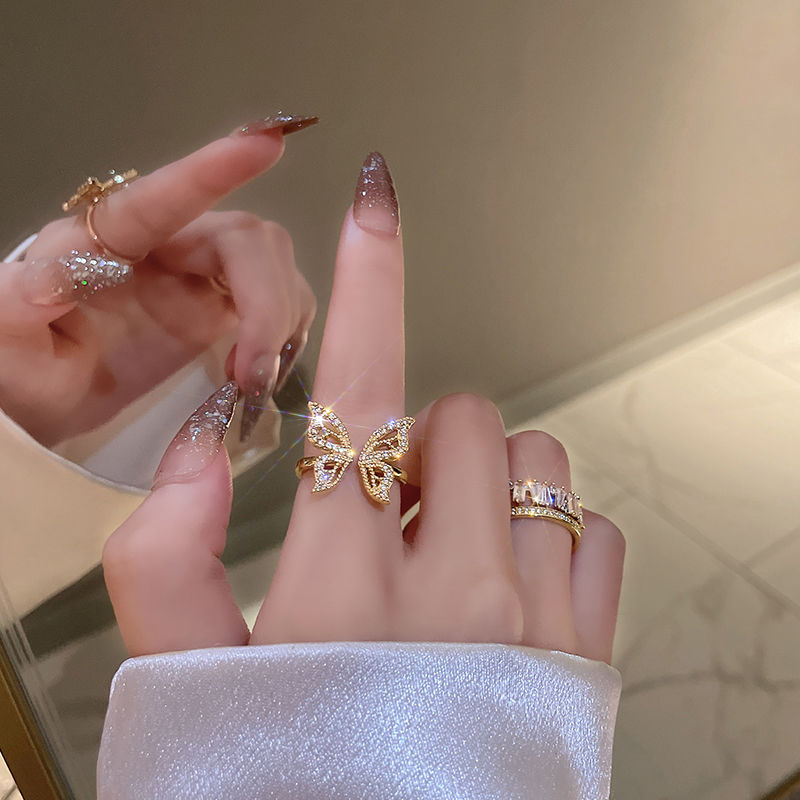 Beautiful and high-end! Light luxury and gentle zircon super flash diamond ring with open bow and Internet celebrity ins ring trend