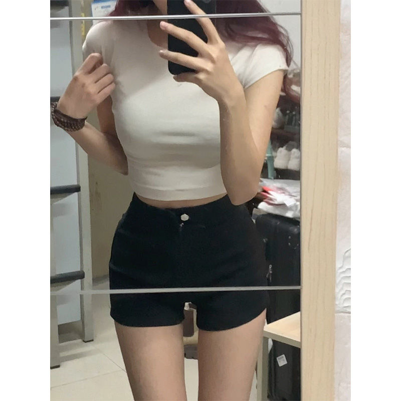 黑色高腰牛仔短褲女夏季高街外穿美式辣妹緊身氣質顯瘦包臀熱褲子