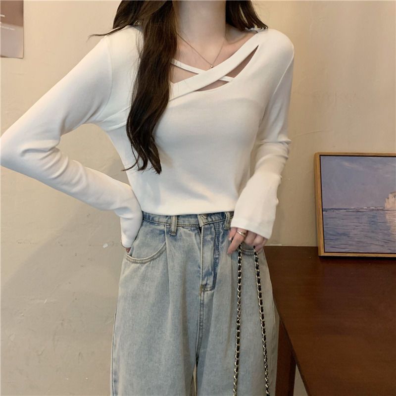 Temperament outerwear bottoming shirt looks thin and slightly fat mm spring and autumn tops women's inner collarbone t-shirt top clothes