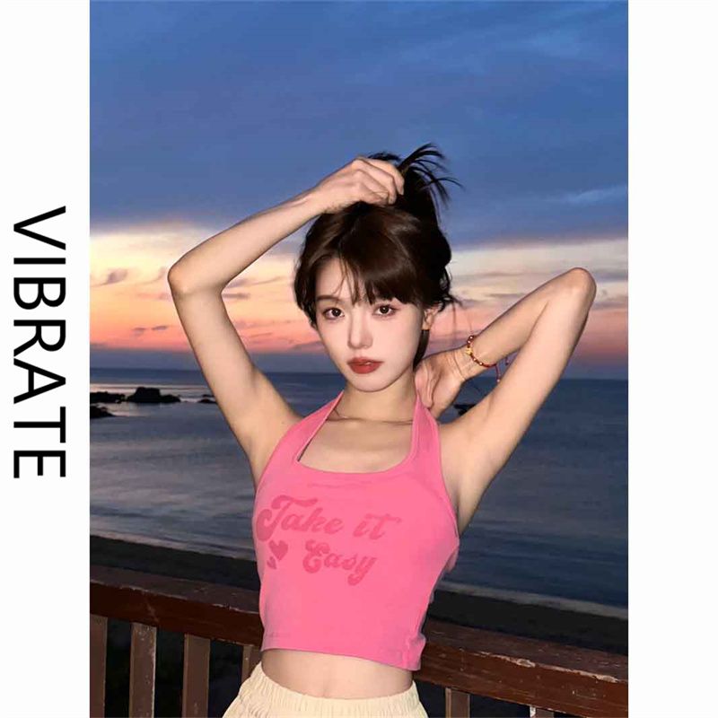 VIBRATE性感歐美字母運動小背心女夏季短款粉色吊帶內搭辣妹上衣