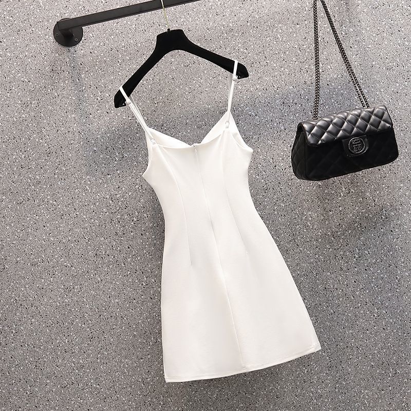 Waist V-neck large size fat sister suspender skirt summer large size white suspender skirt mid-length suspenders slim hot girl