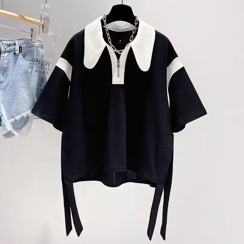 Summer fat mm large size women's French POLO shirt short-sleeved t-shirt women's thin section loose irregular casual top