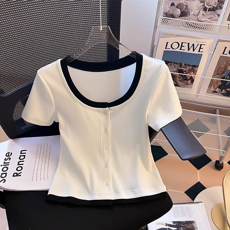 Xiaoxiangfeng short-sleeved top stitching contrast color slightly fat mm thin short-sleeved t-shirt women's summer fashion foreign style fashionable age reduction