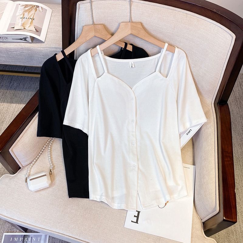 Western-style empty half-sleeved top dopamine wear plus size women's summer fat sister looks thin shoulder short-sleeved T-shirt