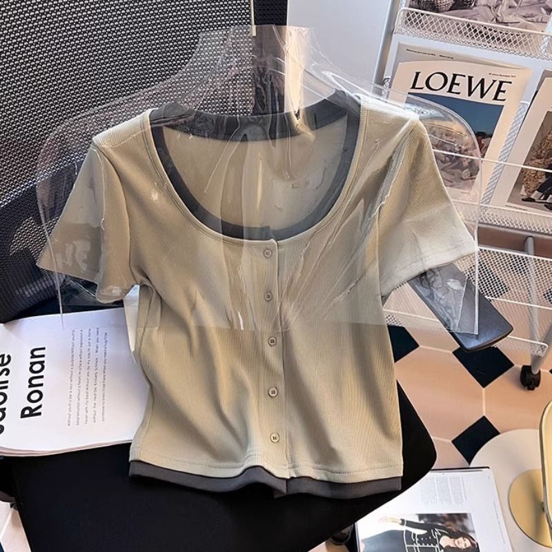 Summer wear with sweet hot girls front shoulder splicing stitching meat covering short-sleeved t-shirt short section slightly fat mm thin top ins trend