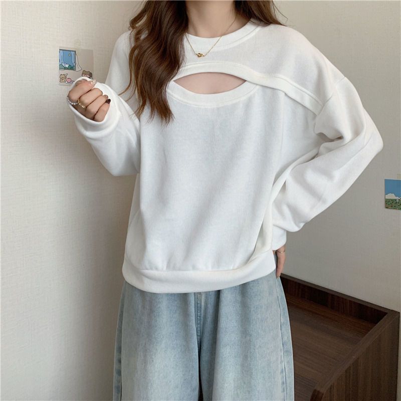 Hollow sweet and spicy sweater women's advanced loose large size slightly fat mm spring and autumn thin section splicing long-sleeved top women's models