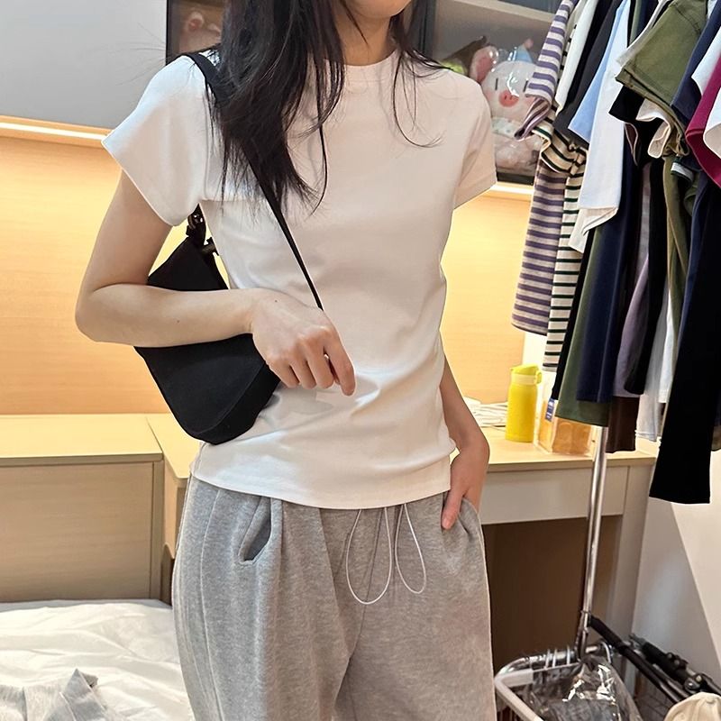 White cotton skin-friendly shoulders thin T-shirt women's bottoming shirt summer suit with slim-fit basic top short-sleeved