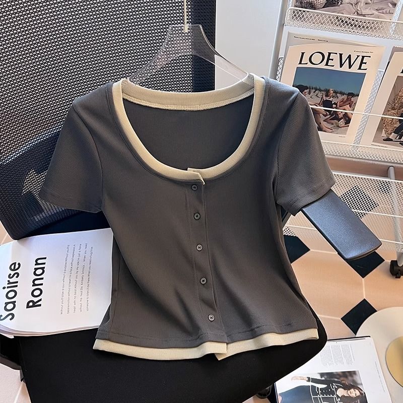 Xiaoxiangfeng short-sleeved top stitching contrast color slightly fat mm thin short-sleeved t-shirt women's summer fashion foreign style fashionable age reduction