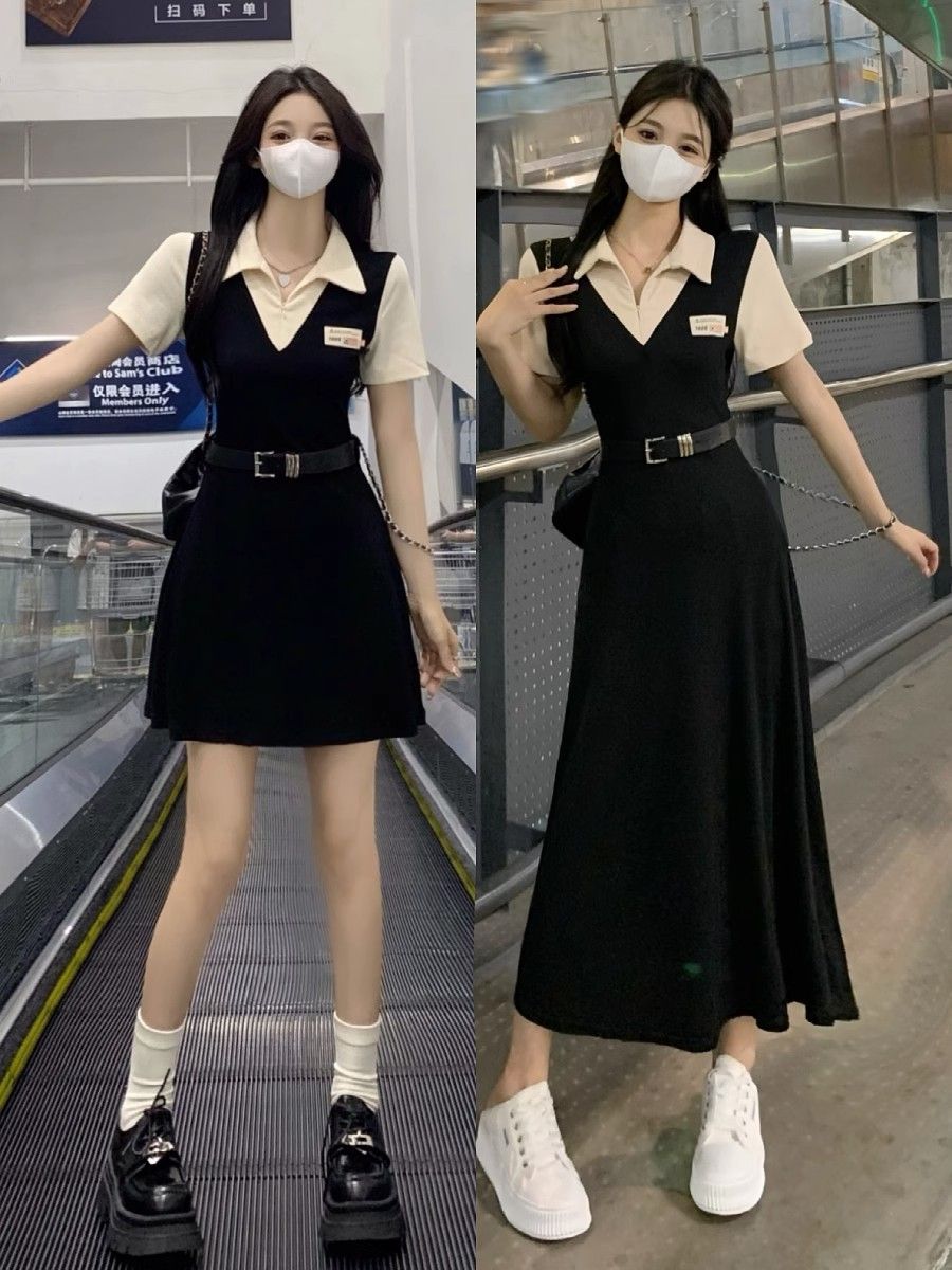 學院風POLO領假兩件短袖連衣裙女夏收腰顯瘦校園辣妹中長裙a字裙