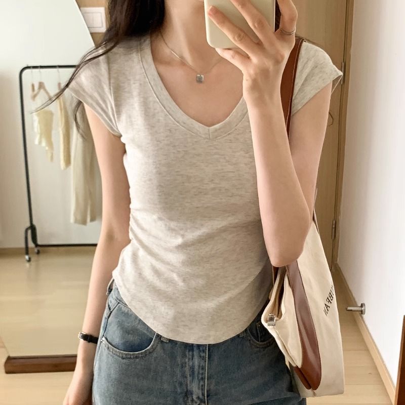 Spice Girl Curved Irregular V Neck Gray Front Shoulder Short Sleeve T-Shirt Pure Cotton Summer Design Sense Waist Slim Short Top