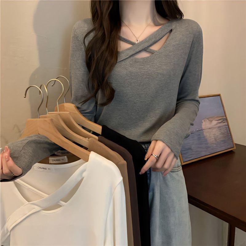 American western style ins hollow stitching t-shirt women's irregular bottoming shirt loose large size slightly fat mm spring and autumn top