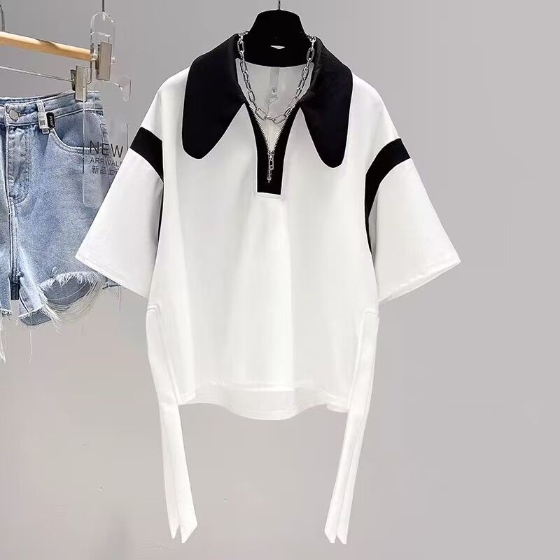 Summer fat mm large size women's French POLO shirt short-sleeved t-shirt women's thin section loose irregular casual top