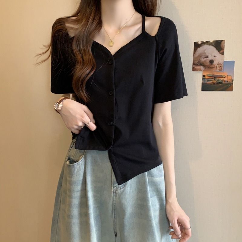 Fashion loose temperament short-sleeved shirt summer exposed collarbone sweet short t-shirt niche fat mm shoulder top