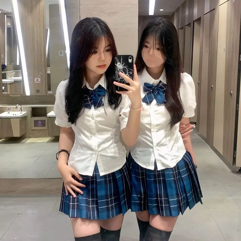 顯瘦修身泡泡袖純欲風日系學院風襯衣女jk制服裙套裝短袖收腰襯衫