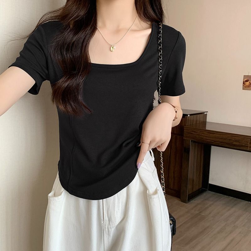 Slightly fat mm summer large size women's short-sleeved t-shirt foreign style thin section ins high street all-match front shoulder short top women's models