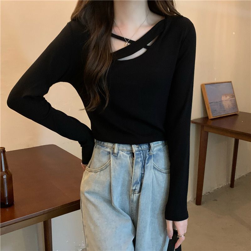 American western style ins hollow stitching t-shirt women's irregular bottoming shirt loose large size slightly fat mm spring and autumn top