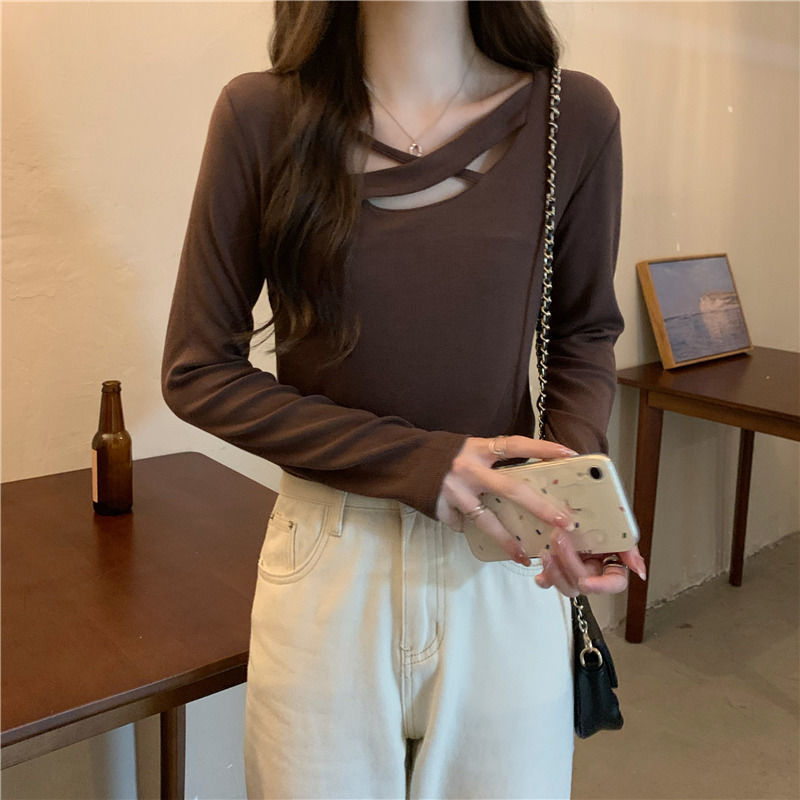 American western style ins hollow stitching t-shirt women's irregular bottoming shirt loose large size slightly fat mm spring and autumn top