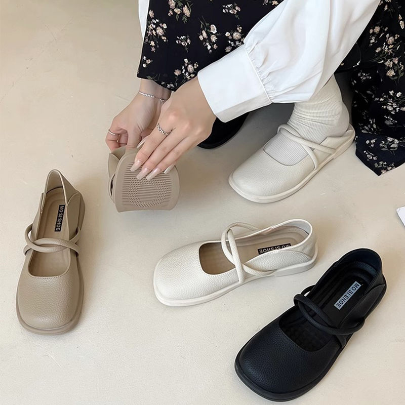 爆款瑪麗珍淺口一字型平底單鞋女2023軟底豆豆鞋復古奶奶鞋兩穿潮