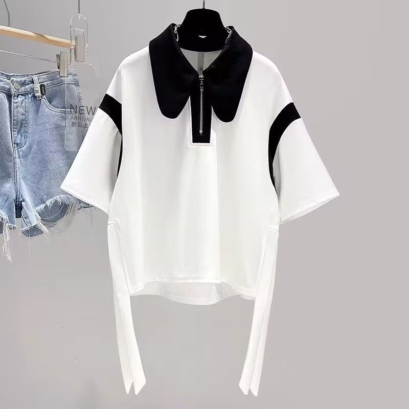 Summer fat mm large size women's French POLO shirt short-sleeved t-shirt women's thin section loose irregular casual top