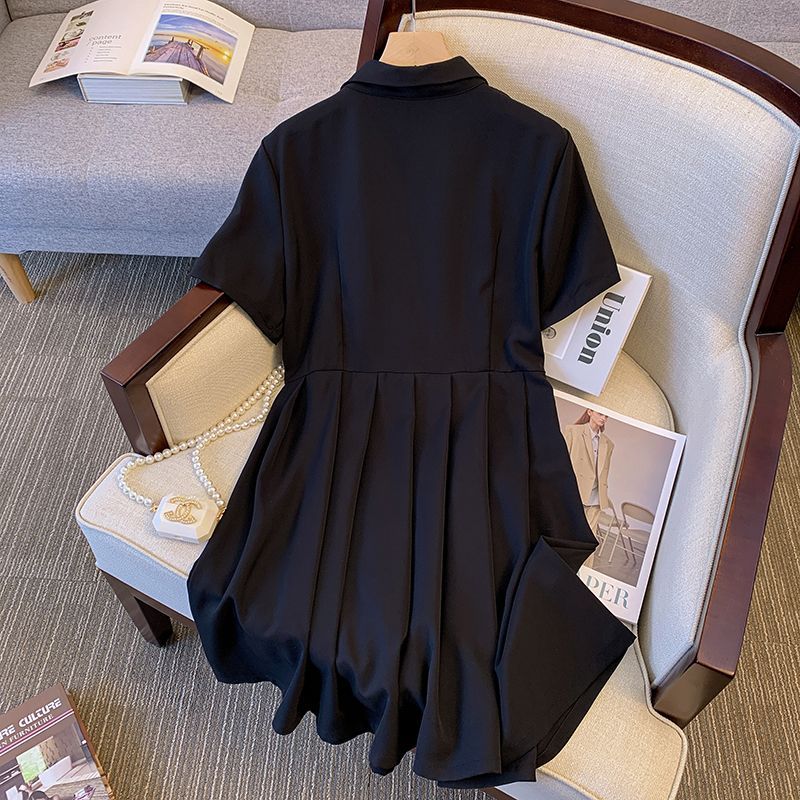 Black pleated fat mm large size dress women's summer new fashion slim waist Hepburn style polo collar skirt