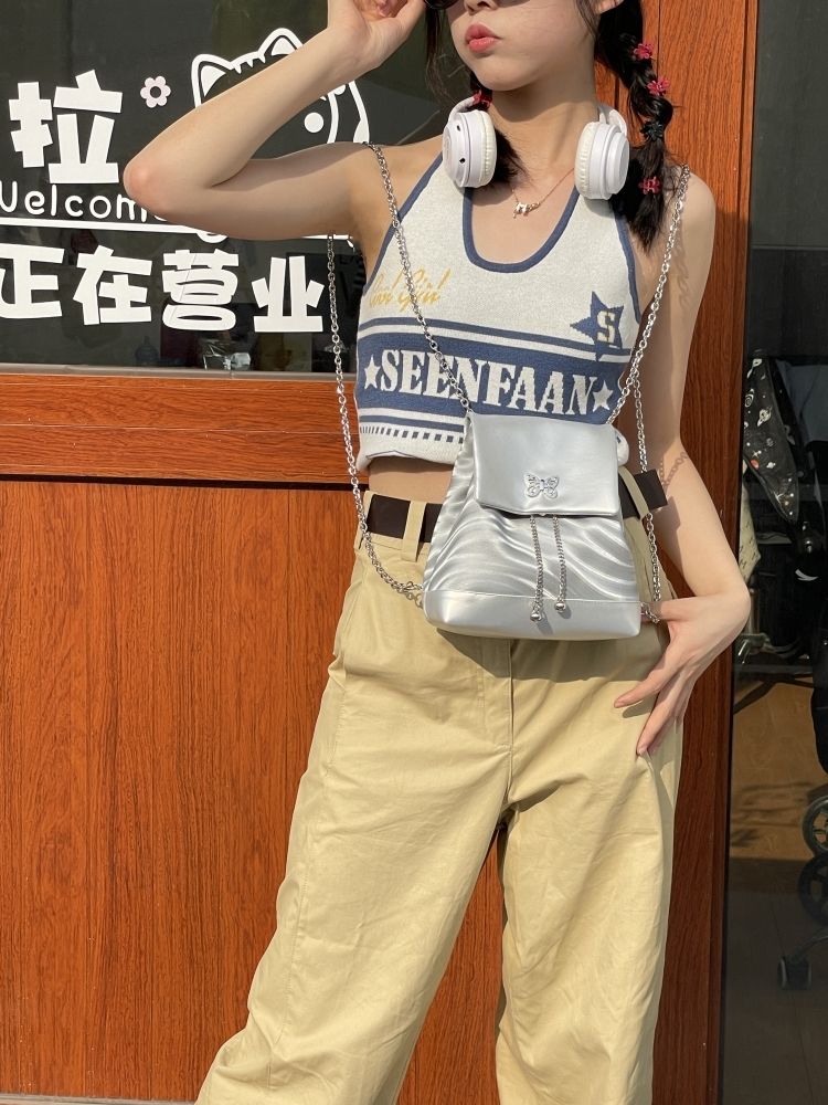 原創女包2023新款歐美復古油皮迷你雙肩包法式時尚水桶包質感背包