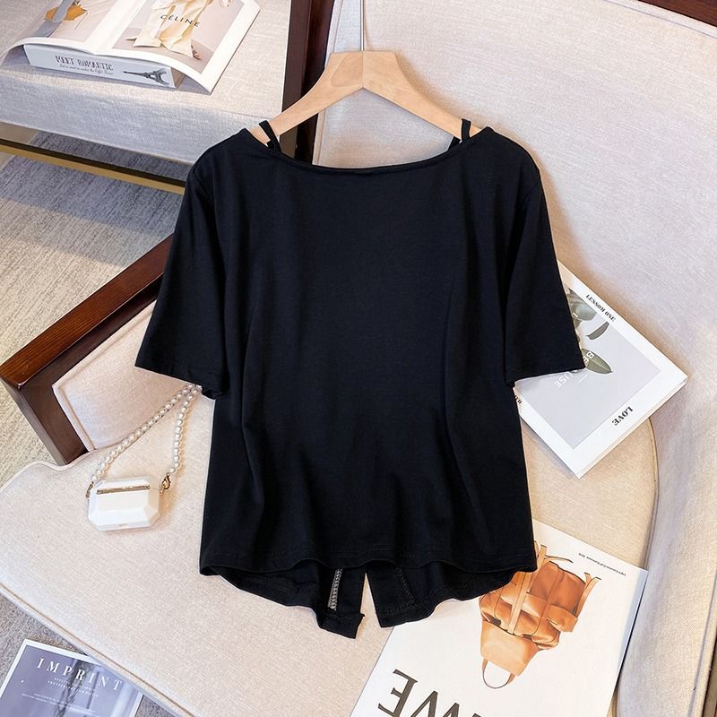 Western-style empty half-sleeved top dopamine wear plus size women's summer fat sister looks thin shoulder short-sleeved T-shirt