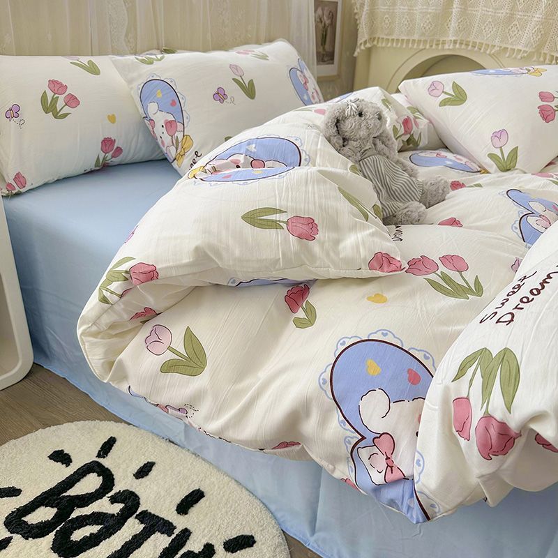 ins韩系简约涂鸦小动物水洗棉被套四件套床上用品床单宿舍三件套4