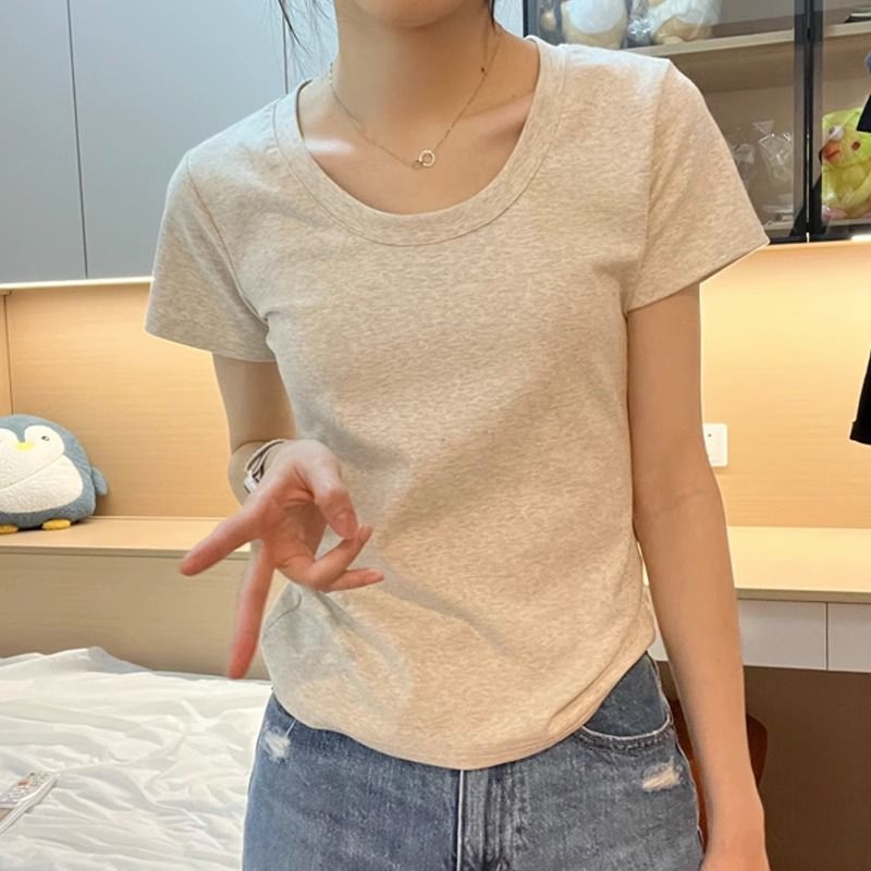 Pure cotton shoulder U-neck short-sleeved t-shirt women's summer new self-cultivation hot girl slim temperament pure color top high-end bottoming