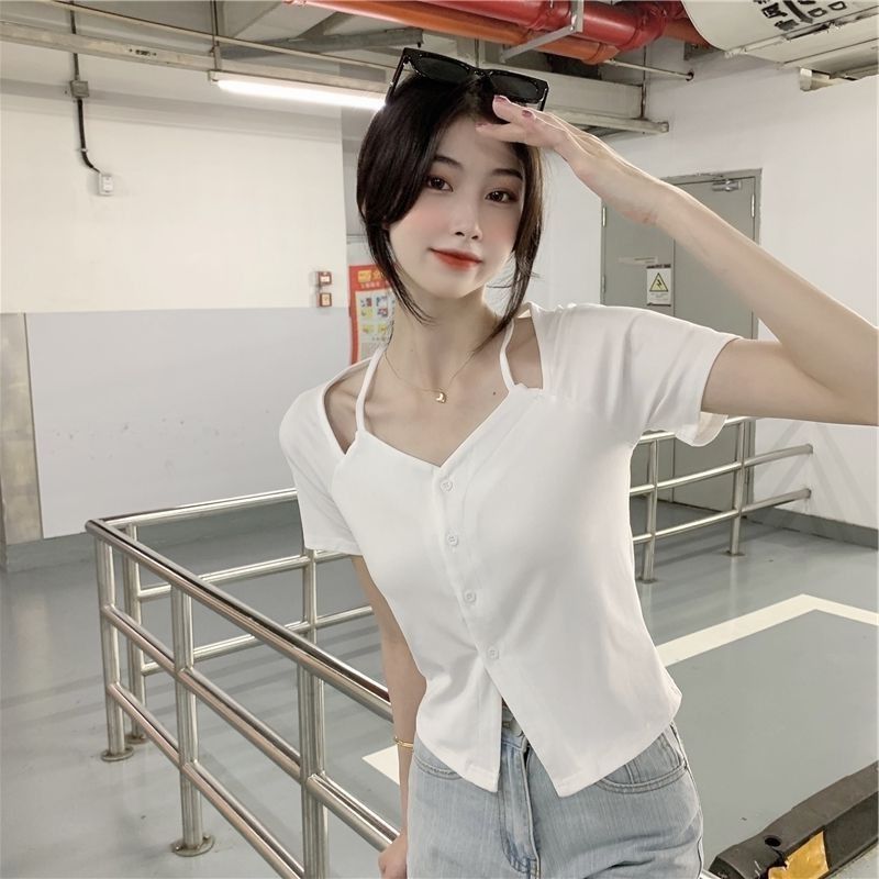 Pure desire wind splicing fake two-piece t-shirt summer short-sleeved sweet hot girl ins tide high street foreign style thin top clothes women