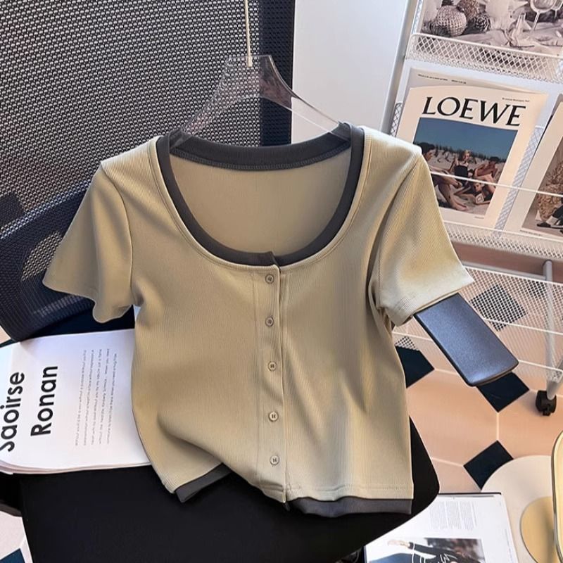 Xiaoxiangfeng short-sleeved top stitching contrast color slightly fat mm thin short-sleeved t-shirt women's summer fashion foreign style fashionable age reduction