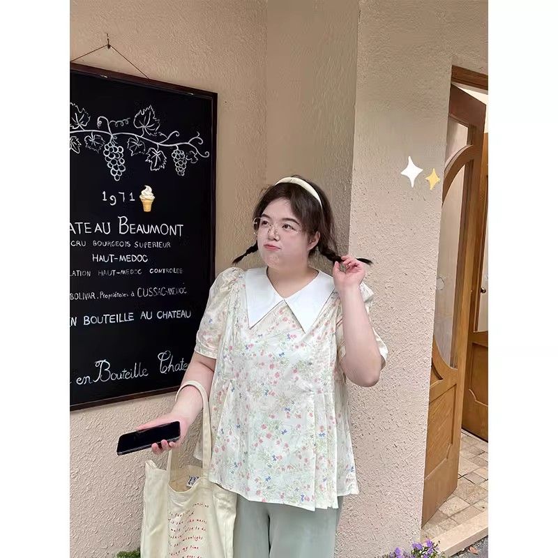300斤大碼碎花尖領遮肉上衣女2023夏季新款胖mm甜美寬鬆顯瘦襯衫
