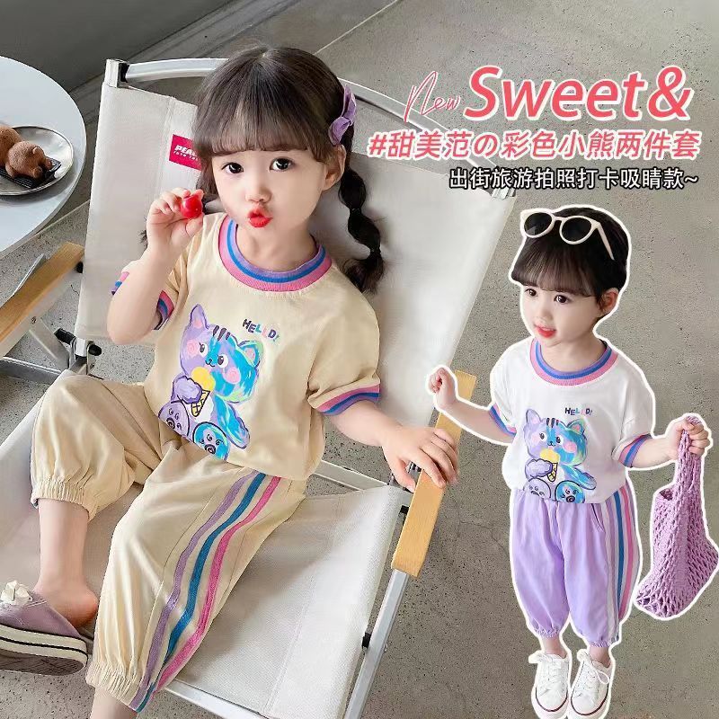 2023夏季新款女童夏裝卡通印花甜美風中小童休閒時尚薄款幼兒套裝