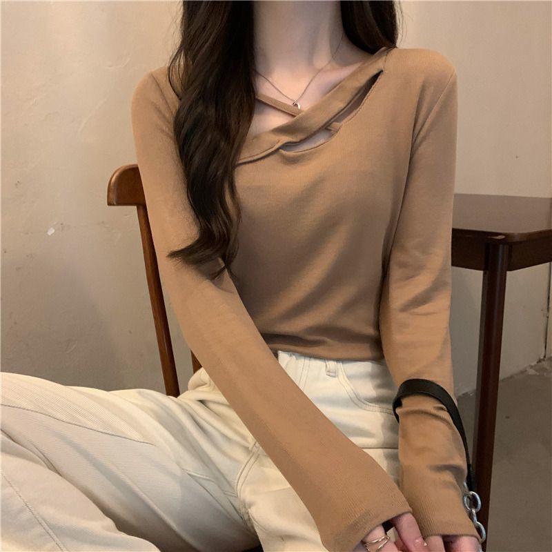 American western style ins hollow stitching t-shirt women's irregular bottoming shirt loose large size slightly fat mm spring and autumn top