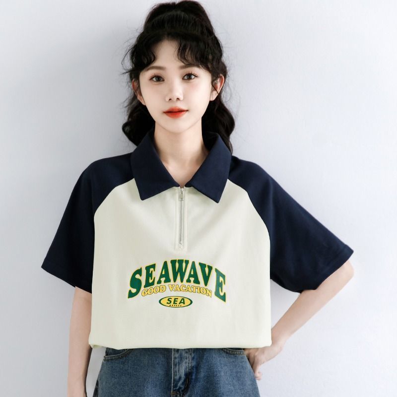 Summer micro-fat mm large size thin section mid-length foreign style age-reducing women's loose polo shirt short-sleeved t-shirt top clothes